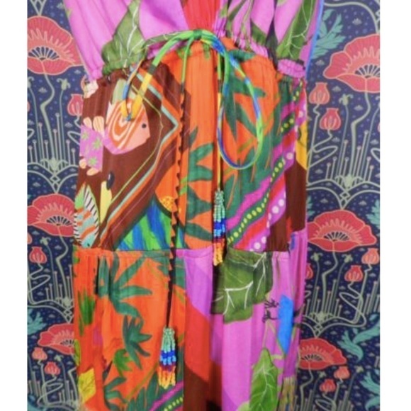 Farm Rio Anthropologie Palila Empire Waist Fringe Colorful Tropical Dress - Picture 7 of 10